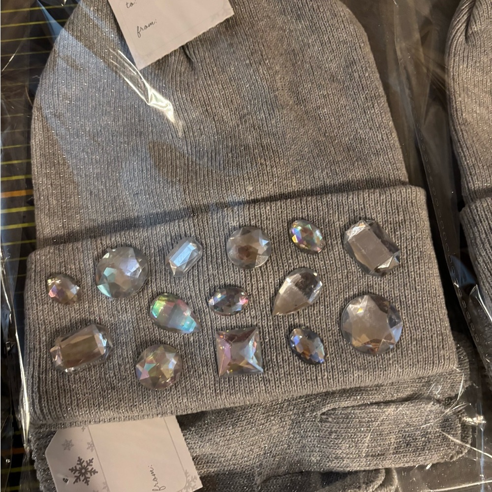 Gray Beanie/Glove sets with Crystal Embellishments,different other designs.